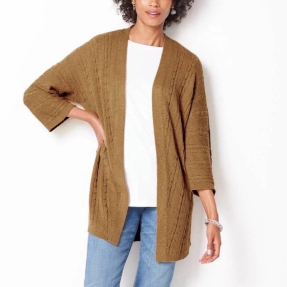 J Jill Womens Large Open Front Cable Knit Cardigan Sweater Camel Yellow Layering